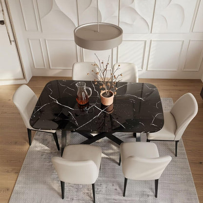 56"-88"Black Marble Dining Table with White Vein & Black X-Shaped Legs for 6