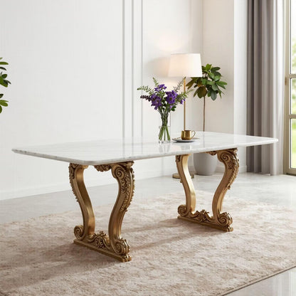 56"-88"Luxury Marble Dining Table with Carved Gold Metal Legs for 6 People