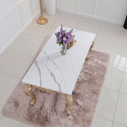 56"-88"Rectangular Dining Table with Marble Top & Antique Gold Rococo Base
