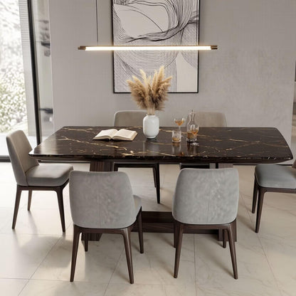 56"-88"Black Marble Dining Table with Natural Wood Base for 6-8 People