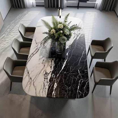 56"-88"Black & White Marble Dining Table with Polished Stainless Steel Base
