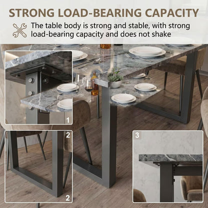 56"-96"Marble Dining Table Set with 6 Velvet Chairs, Modern Kitchen Table