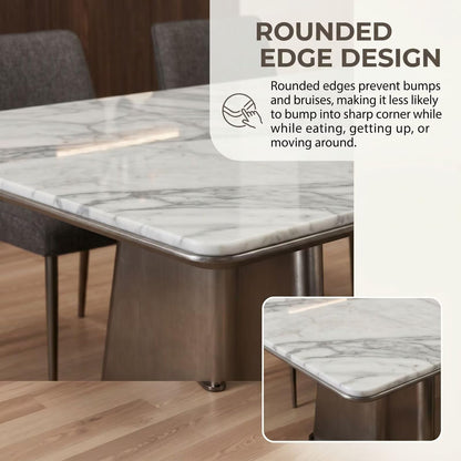 56"-96"White Marble Dining Table with Brushed Metal Bases, Modern Rectangular Kitchen Table