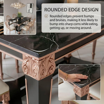 56"-96"Luxury Dining Table, Black Marble Top with Rose Gold Accents & Ornate Legs for 6