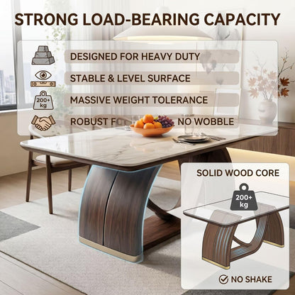 56"-96"Modern Dining Table, White Marble Top with Curved Walnut Wood Base for 4-6