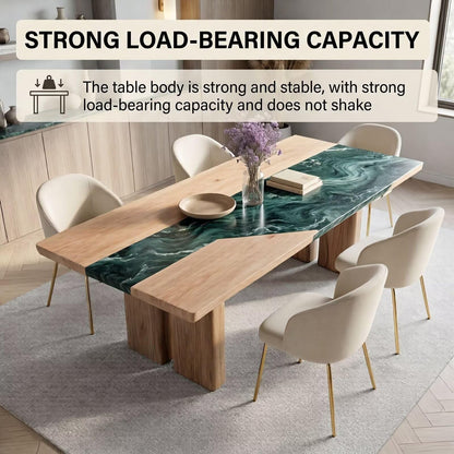 56"-96"Contemporary Luxury Dining Table, Wood & Green Marble Top with Chunky Wood Base