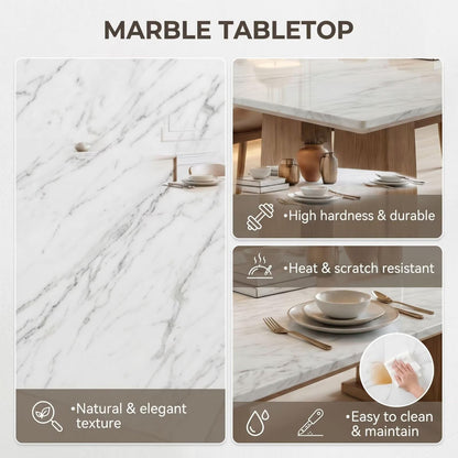 56"-96"Modern Scandinavian Dining Table, White Marble Top with Solid Oak Wood Base