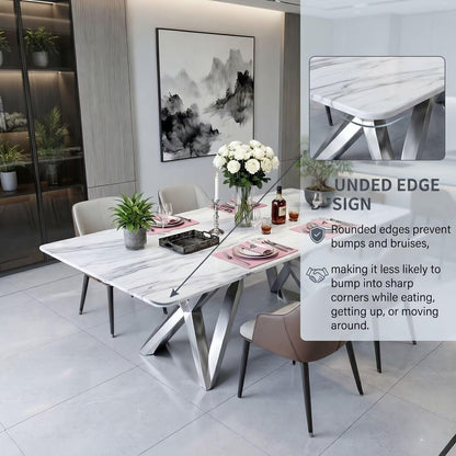 56"-96"White Marble Dining Table with Silver X-Base Legs for 6, Modern Kitchen