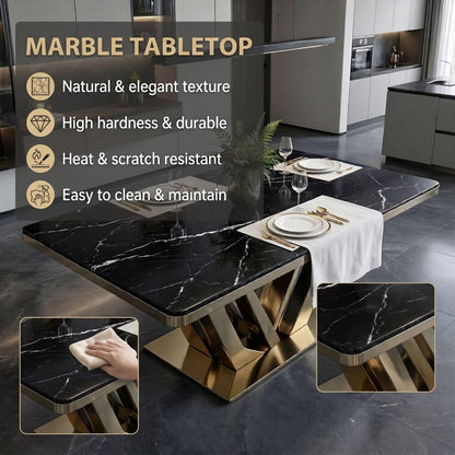 56"-96"Modern Luxury Dining Table, Black Marble Top with Gold Geometric Base for 6-8