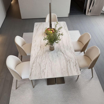 56"-88"White Marble Dining Table with Gunmetal X-Shaped Metal Base for 6 People