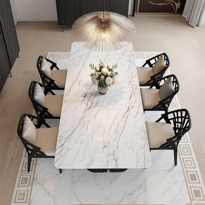 56"-96"White Marble Dining Table with Black Fluted Base for 6-8 People
