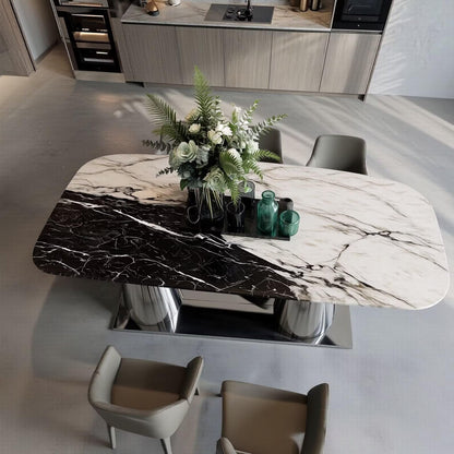 56"-88"Black & White Marble Dining Table with Polished Stainless Steel Base