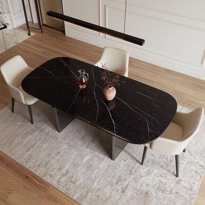 56"-88"Black Marble Oval Dining Table with Dark Wood Base for 4-6 People