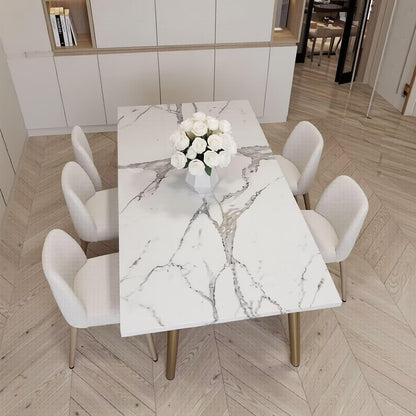 56"-88"Rectangular Sintered Stone Dining Table, White Kitchen Table with Marble Vein