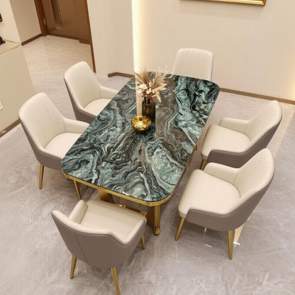 56"-88"Luxury Green Marble Dining Table with Gold Metal Frame for 6 People