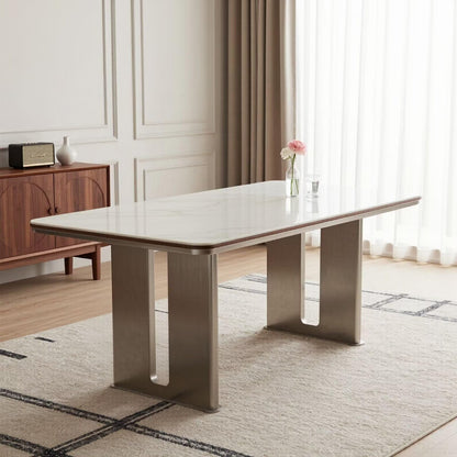 56"-88"White Marble Dining Table with Walnut Trim & Brushed Steel Base