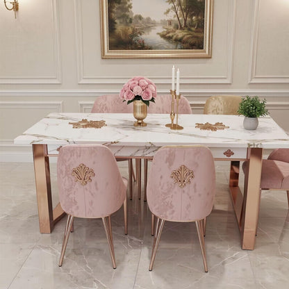 56"-88"Luxury Marble Dining Table with Rose Gold Metal Base for 6-8 People