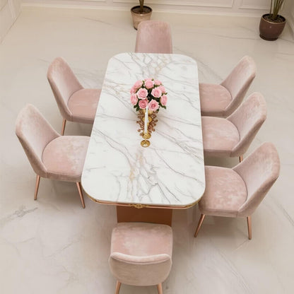 56"-88"Luxury Marble Dining Table with Rose Gold Base & Ornate Gold Trim
