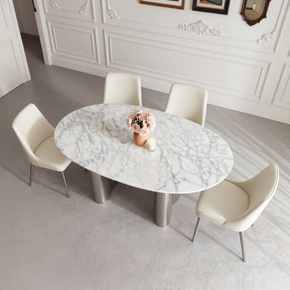 56"-88"Oval White Marble Dining Table with Polished Stainless Steel Base for 6