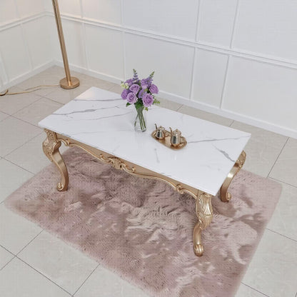 56"-88"Rectangular Dining Table with Marble Top & Antique Gold Rococo Base