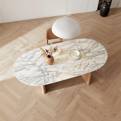 56"-88"Modern Oval Marble Dining Table with Solid Wood Pedestal Legs