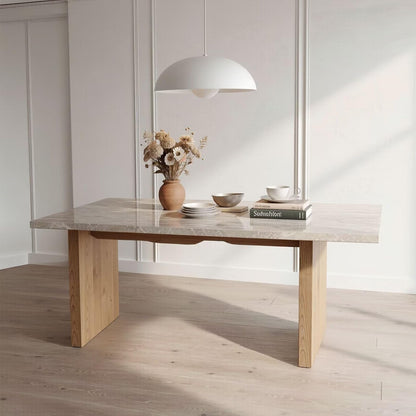 56"-88"Light Gray Marble Dining Table with Natural Wood Base for 4-6 People