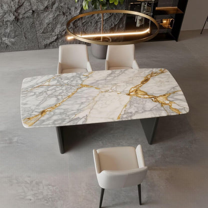 56"-88"Luxury Rectangular Marble Dining Table with Gold Streaks & Dark Legs