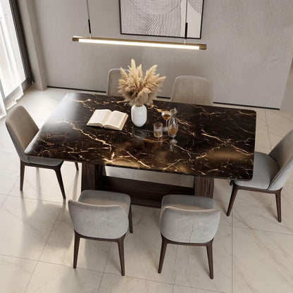 56"-88"Black Marble Dining Table with Natural Wood Base for 6-8 People