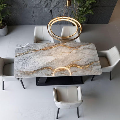 56"-88"Gray Marble Dining Table with Gold Vein & Black Metal Base for 6 People
