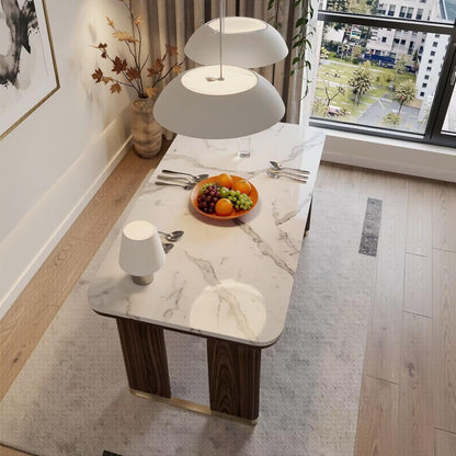 56"-88"White Marble Dining Table with Walnut Wood Legs & Gold Accents