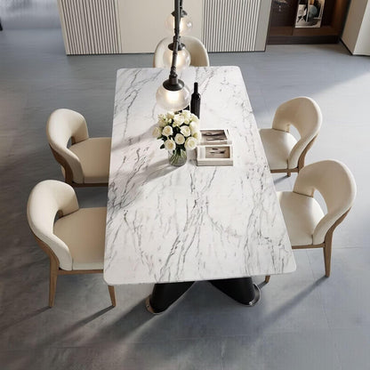 56"-88"White Marble Dining Table with Black Tapered Legs for 6 People