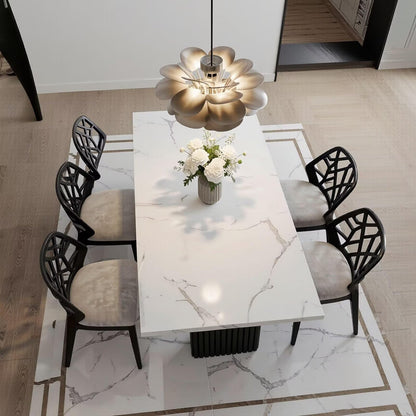 56"-88"Modern White Marble Dining Table with Black Fluted Base for 4-6 People