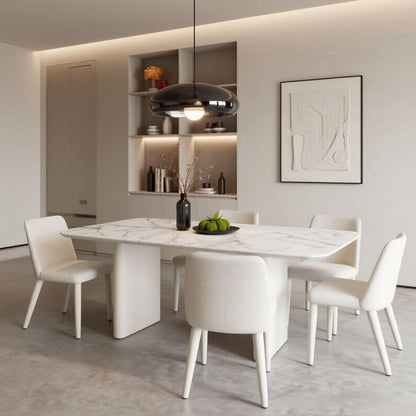 56"-88"Contemporary White Marble Dining Table with Cream Double Pedestal