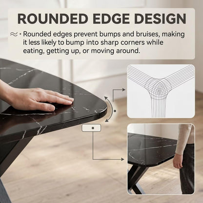 56"-88"Black Marble Dining Table with White Vein & Black X-Shaped Legs for 6
