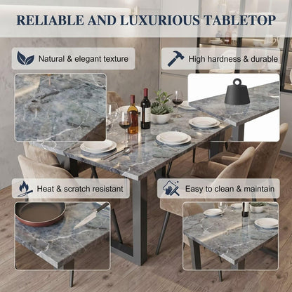 56"-96"Marble Dining Table Set with 6 Velvet Chairs, Modern Kitchen Table