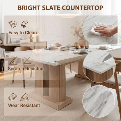 56"-96"Modern Scandinavian Dining Table, White Marble Top with Solid Oak Wood Base
