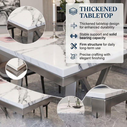 56"-96"Modern Rectangular Marble Dining Table with Polished Silver Metal Legs