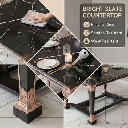 56"-96"Luxury Dining Table, Black Marble Top with Rose Gold Accents & Ornate Legs for 6