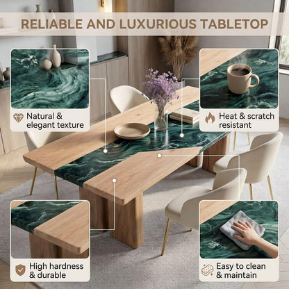 56"-96"Contemporary Luxury Dining Table, Wood & Green Marble Top with Chunky Wood Base