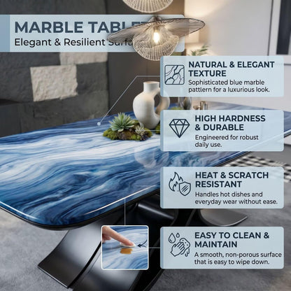 56"-96"Elegant Statement Dining Table, Blue Swirl Marble Top with Unique Sculptural Metal Base