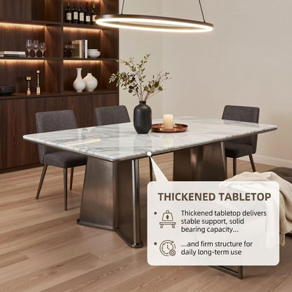 56"-96"White Marble Dining Table with Brushed Metal Bases, Modern Rectangular Kitchen Table