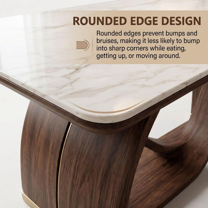 56"-96"Modern Dining Table, White Marble Top with Curved Walnut Wood Base for 4-6