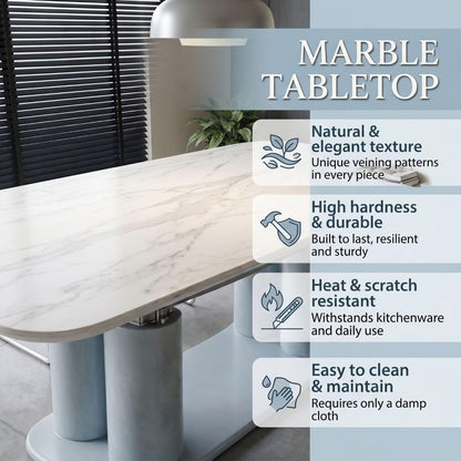 56"-96"Contemporary Artistic Dining Table, Rounded White Top with Unique Light Blue Column Base