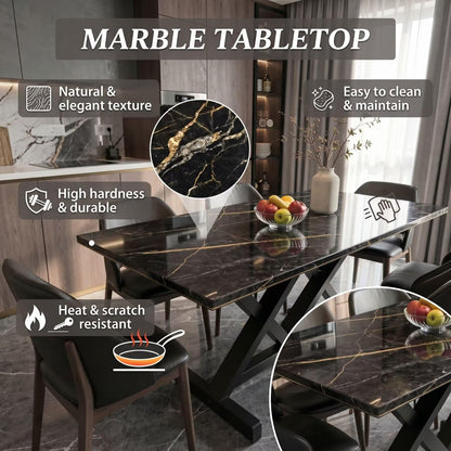56"-96"Modern Industrial Dining Table, Black Marble Top with Crisscross Metal Base for 6