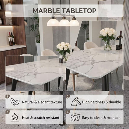56"-96"Modern White Marble Dining Table with Black Metal Legs for 4-6 People
