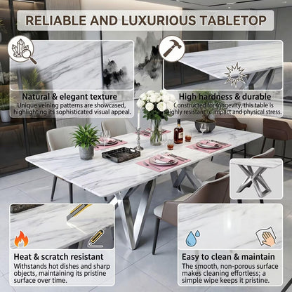56"-96"White Marble Dining Table with Silver X-Base Legs for 6, Modern Kitchen
