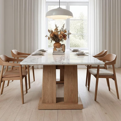 56"-96"Modern Scandinavian Dining Table, White Marble Top with Solid Oak Wood Base