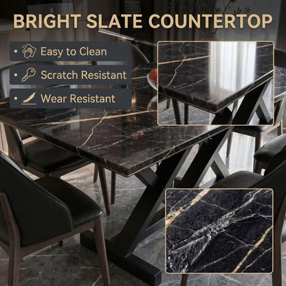 56"-96"Modern Industrial Dining Table, Black Marble Top with Crisscross Metal Base for 6
