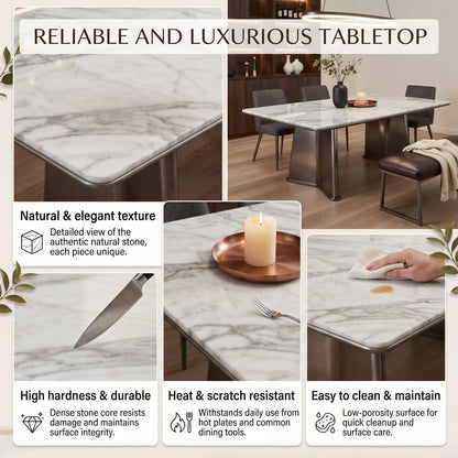 56"-96"White Marble Dining Table with Brushed Metal Bases, Modern Rectangular Kitchen Table