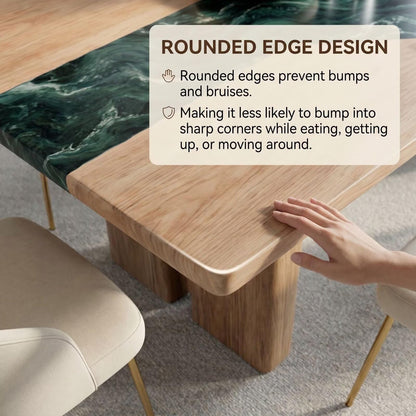 56"-96"Contemporary Luxury Dining Table, Wood & Green Marble Top with Chunky Wood Base